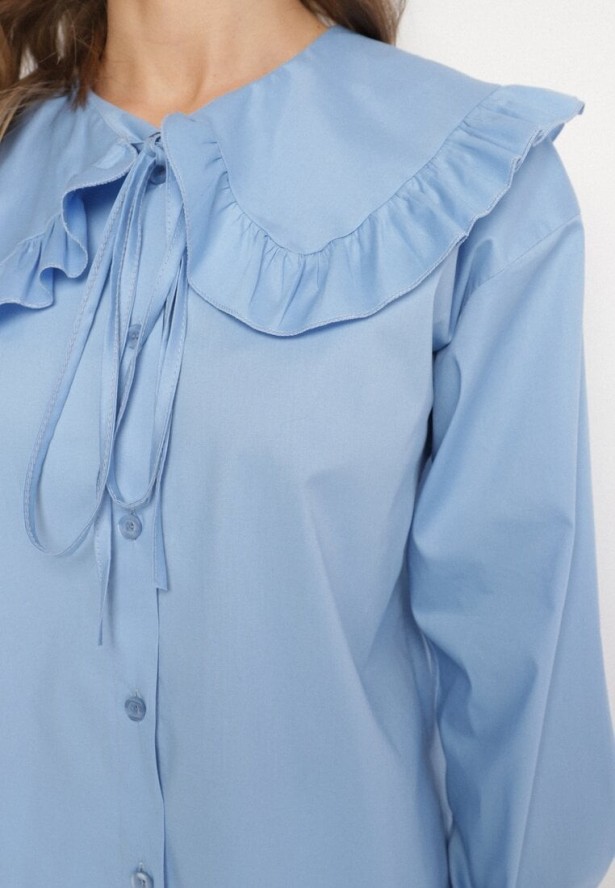 Niebieska Bawełniana Koszula Retro z Ozdobnym Kołnierzykiem i Wiązaniem Ravselina