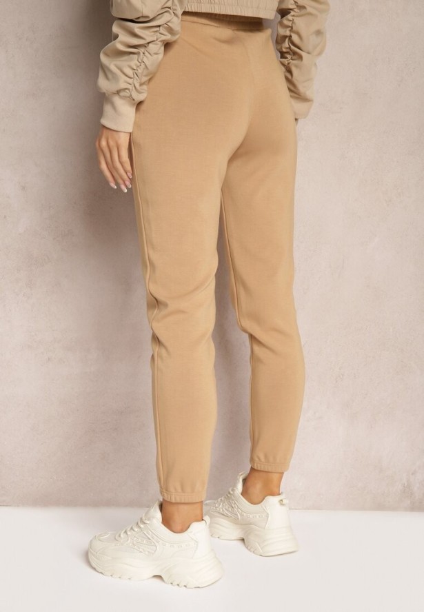 Beżowe Klasyczne Spodnie Dresowe z Elastyczną Gumką w Pasie Lerinde