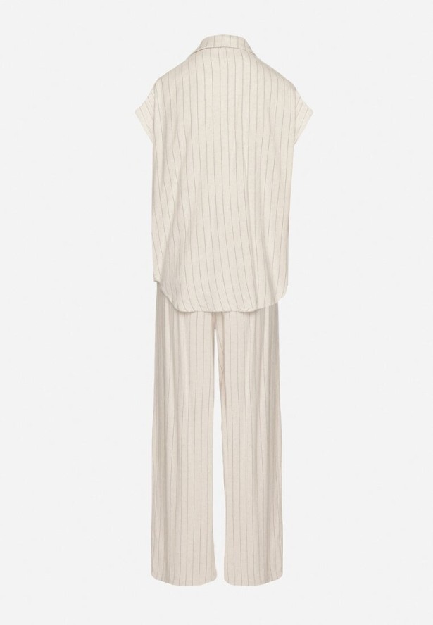 Beżowy Wiskozowy Komplet w Paski Koszula z Krótkim Rękawem i Spodnie Dalirel