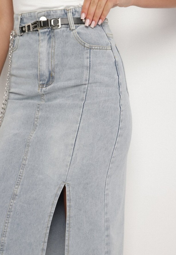 Jasnoniebieska Bawełniana Spódnica Jeansowa Ozdobiona Łańcuchem Lilisela