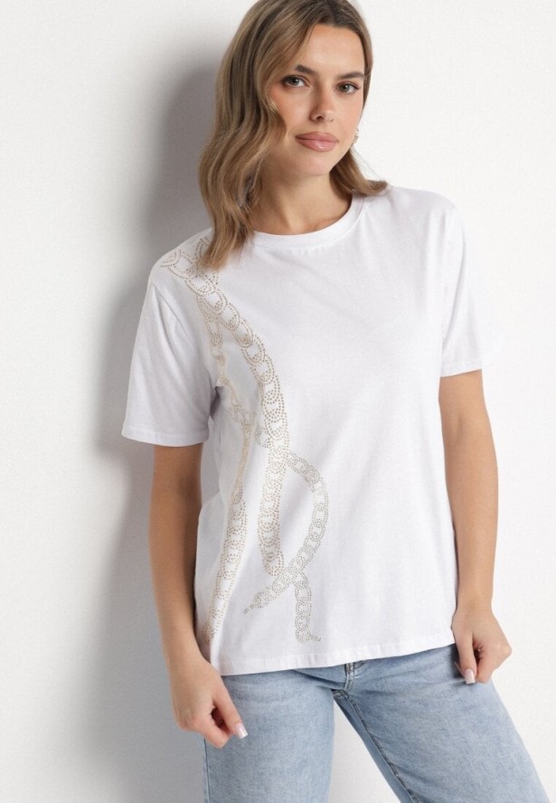 Biały T-shirt Bawełniany z Cyrkoniami Felnella