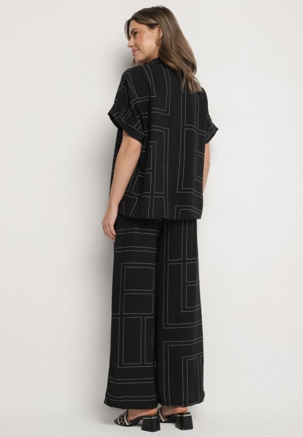 Czarny Komplet z Lnem i Wiskozą Koszula i Spodnie w Geometryczny Wzór Fevoline
