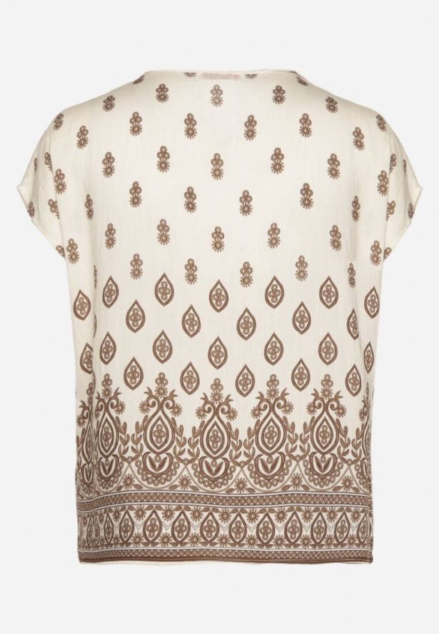 Biało-Brązowa Bluzka w Boho Wzór z Wiązaniem przy Dekolcie Jenalia