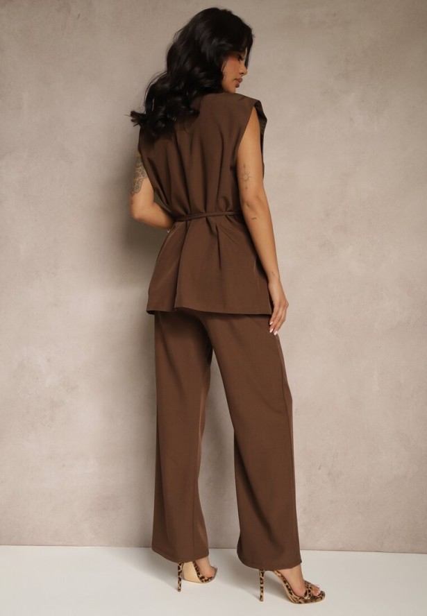 Brązowy Garniturowy Komplet Kamizelka z Wiązaniem i Spodnie o Szerokim Kroju Davielis