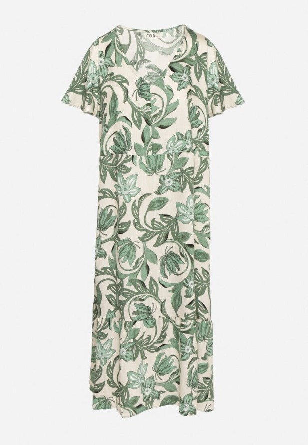 Zielona Pudełkowa Sukienka z Wiskozy w Kwiaty z Dekoltem w Serek Inisara