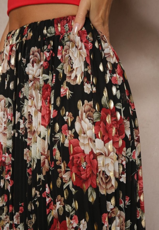 Czarna Rozkloszowana Spódnica z Plisami w Kwiatowy Wzór z Metalicznym Nadrukiem Follenna