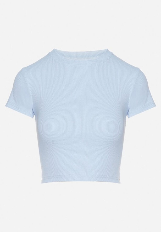 Jasnoniebieski T-shirt z Prążkowanego Materiału o Krótkim Kroju Telunna