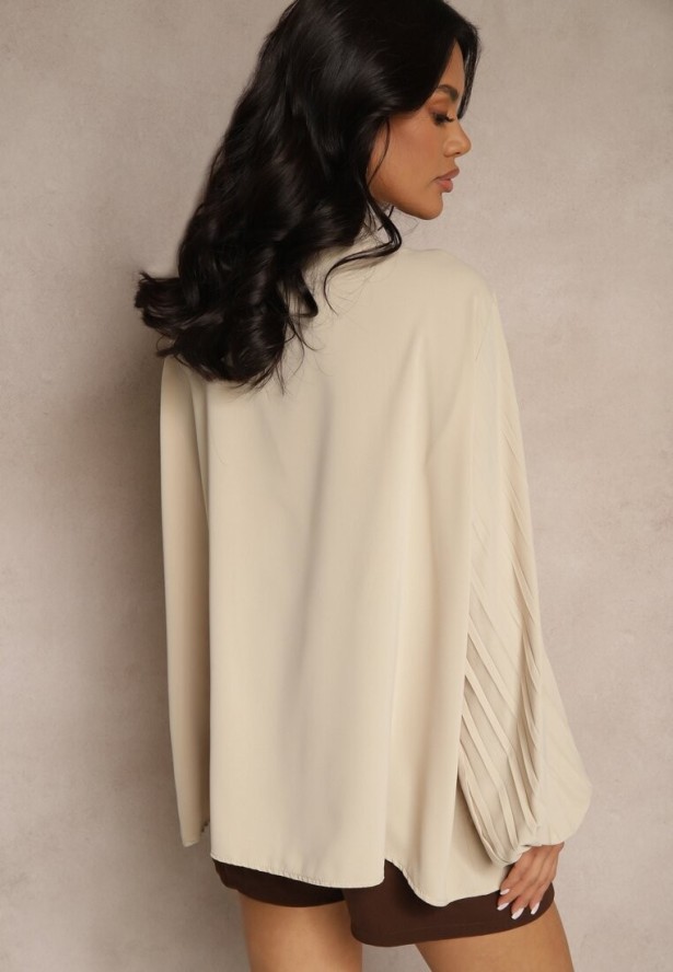 Beżowa Bluzka Ozdobiona Wiązaniem i Plisowanymi Rękawami Jenowena