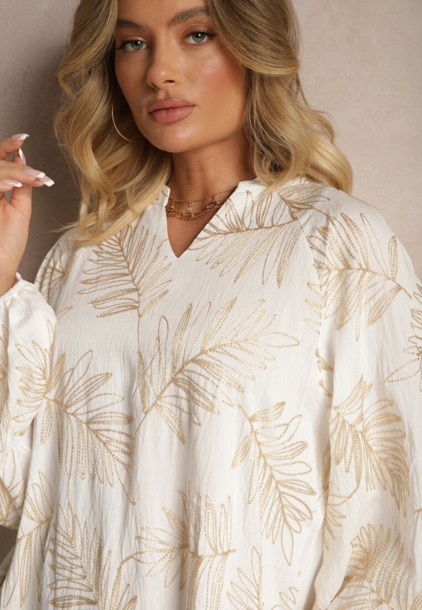 Biała Sukienka z Wiskozy Ozdobiona Haftami i Metaliczną Nicią Tervezia