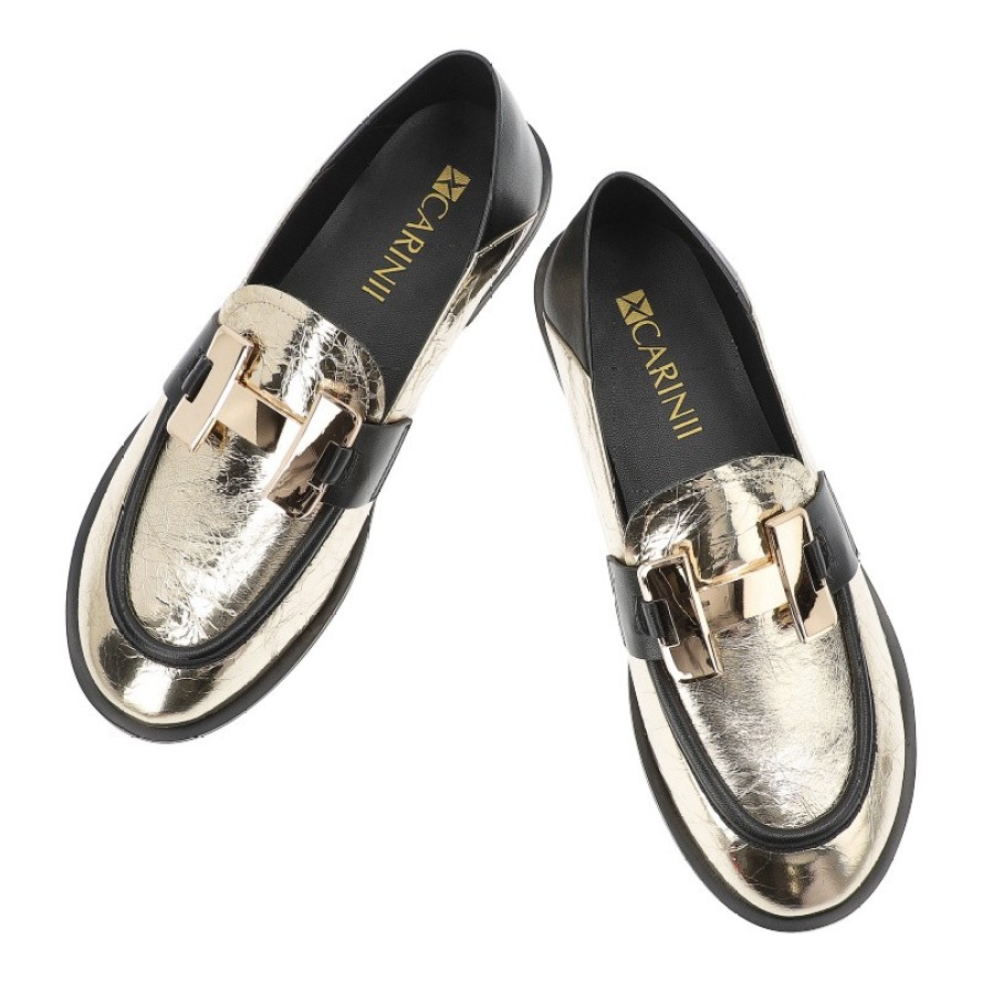 Złote Półbuty Carinii Eleganckie Obuwie Damskie Na Płaskiej Podeszwie