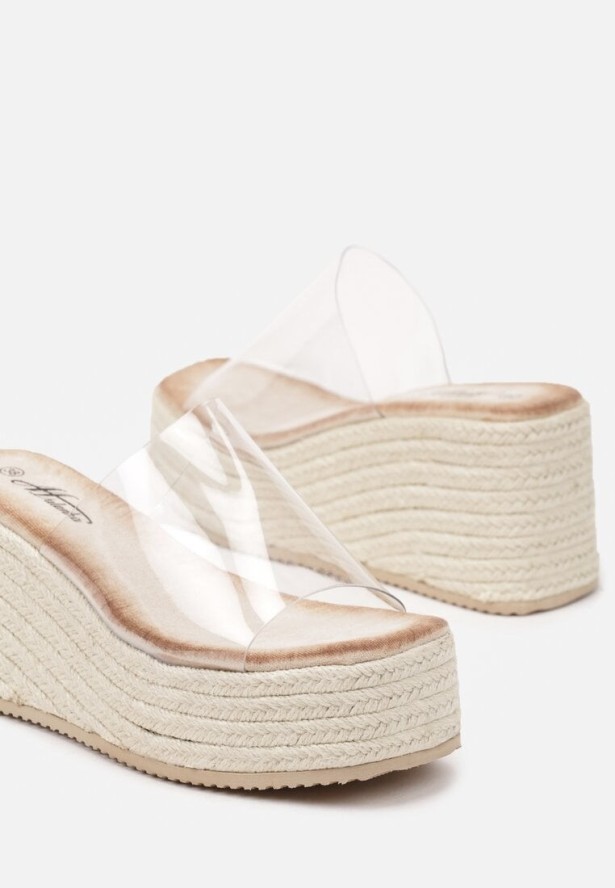 Beżowe Klapki na Koturnie z Plecionką z Transparentną Cholewką Deoriel