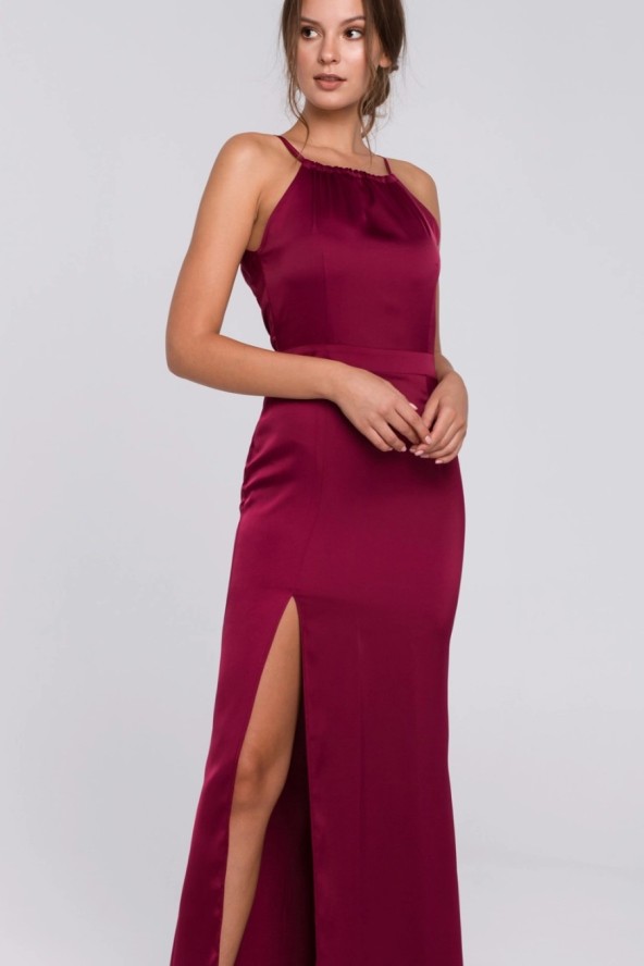 Długa sukienka wieczorowa na wesele halter neck bordo satyna