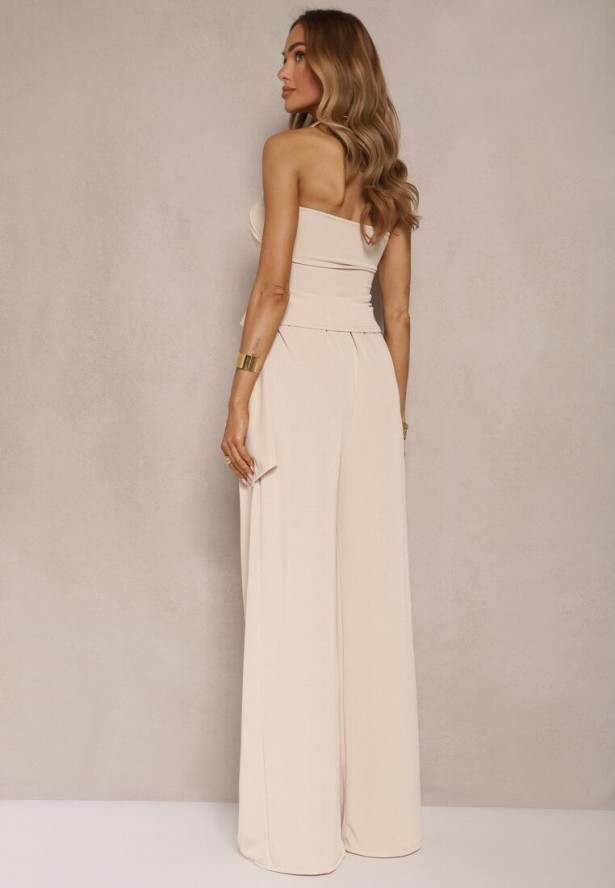 Beżowy Komplet Top Bandeau z Trenem i Spodnie o Szerokim Kroju Redomiae