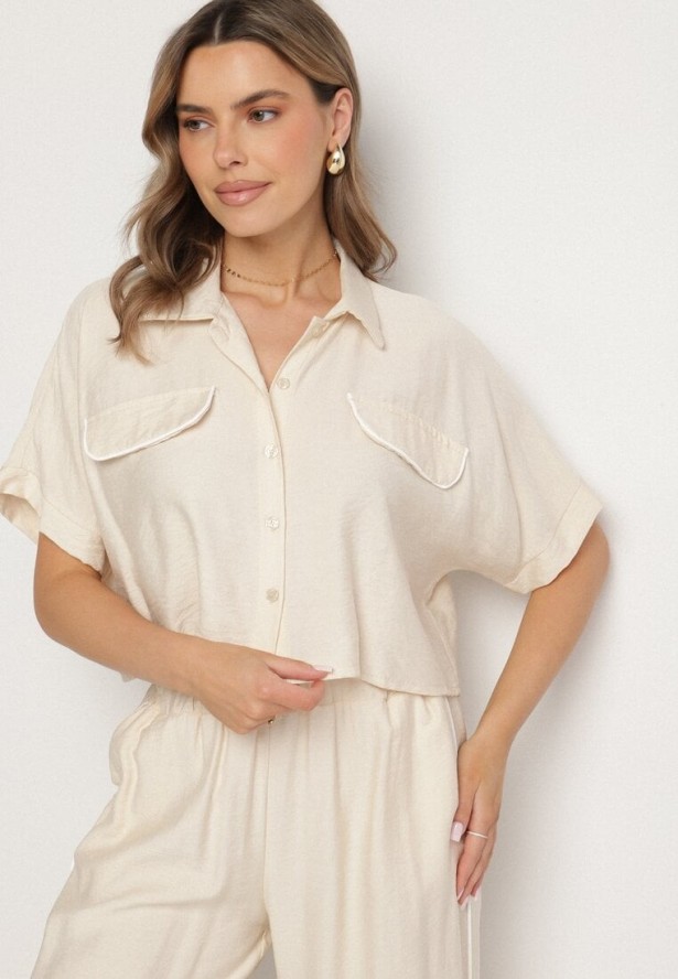 Jasnobeżowy Wiskozowy Komplet Krótka Koszula i Szerokie Spodnie Davitta