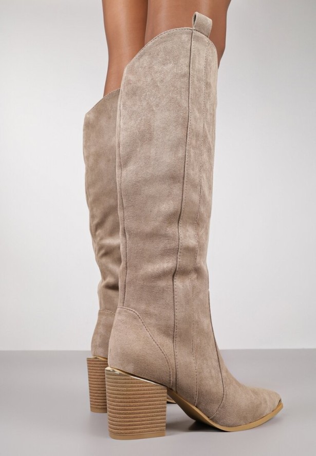 Ciemnobeżowe Kozaki Kowbojki przed Kolano z Metalicznym Noskiem Caspianna