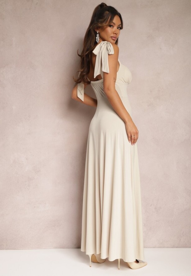 Beżowa Długa Sukienka z Marszczonym Dekoltem i Wiązanymi Ramiączkami Rozvita