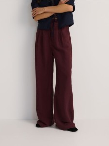Szerokie spodnie z lnem - ciemnobrązowy