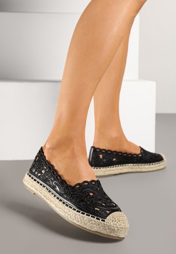 Czarne Ażurowe Espadryle Zdobione Plecionką i Koronką Nelariss