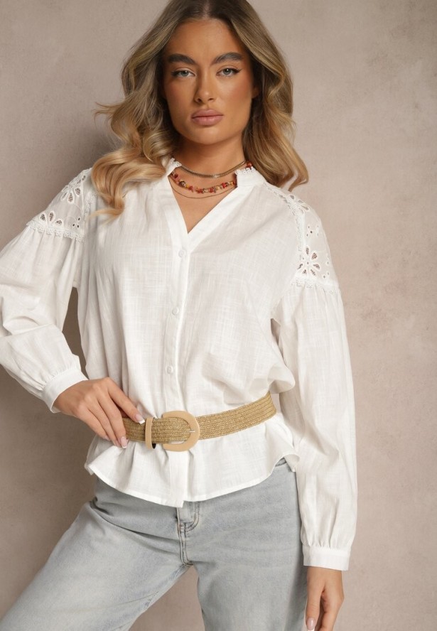 Biała Koszula z Bawełny Ozdobiona Koronkowymi Wstawkami Erivaris