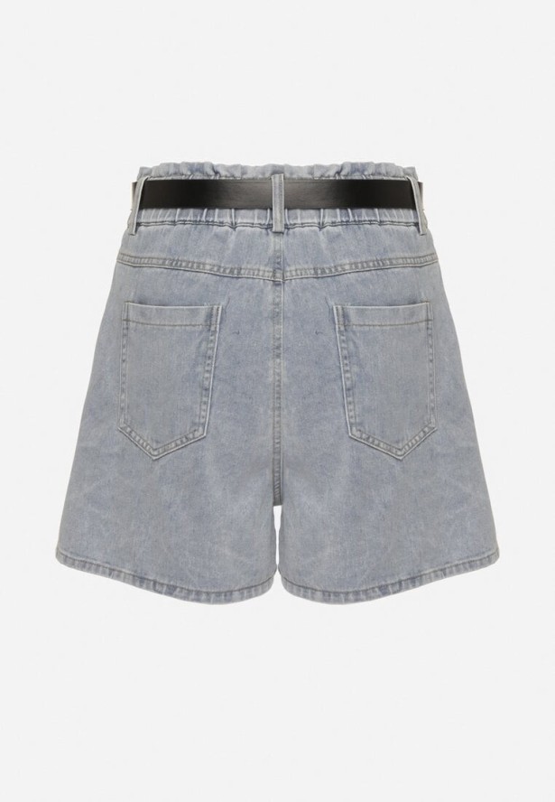 Jasnoniebieskie Szorty Jeansowe z Ozdobnymi Przeszyciami Gumką w Talii i Paskiem Alariana