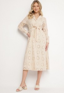 Beżowa Koszulowa Sukienka z Ażurowym Wzorem i Paskiem Tanithiea