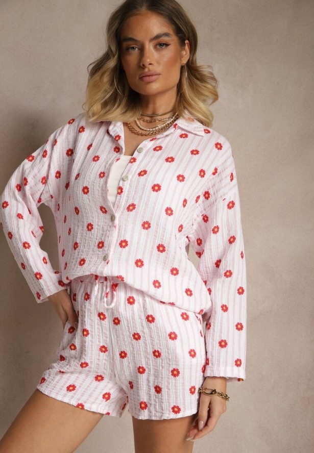 Różowy Muślinowy Komplet z Bawełny Koszula i Szorty we Wzór w Paski i Kwiaty Sellimi