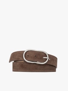 Brązowy welurowy pasek damski ze srebrną klamrą