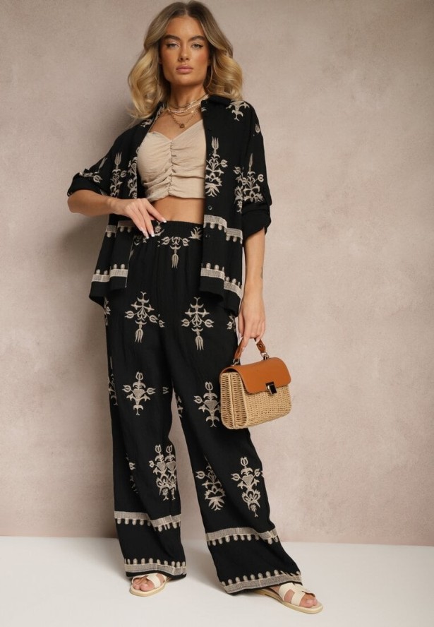 Czarny Wiskozowy Komplet Boho Koszula i Spodnie z Haftowanym Zdobieniem Helhiris
