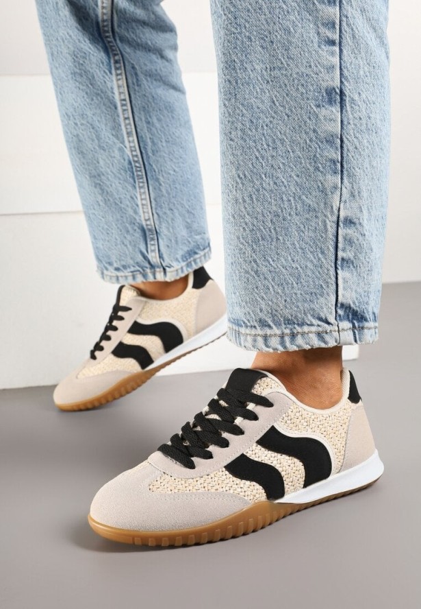 Beżowo-Czarne Sneakersy Ozdobione Plecionką z Rafii Wiloria