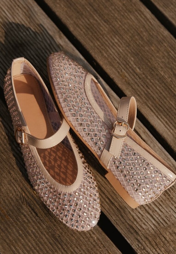 Beżowe Siateczkowe Balerinki Ozdobione Cyrkoniami Telasaria