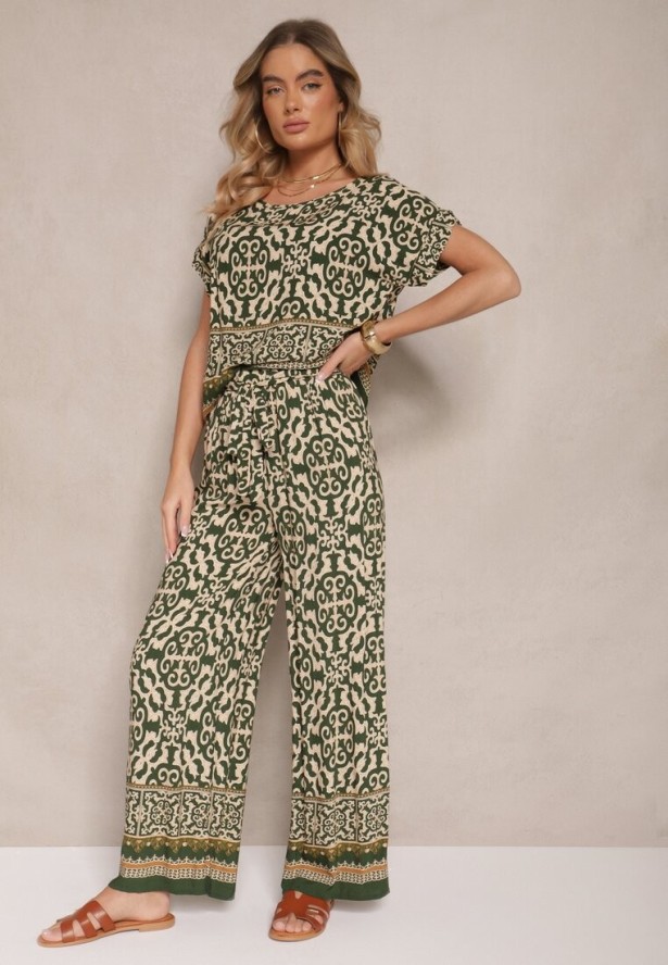Ciemnozielony Komplet Spodnie i Bluzka z Bawełny w Ornamentalny Print Nanitria