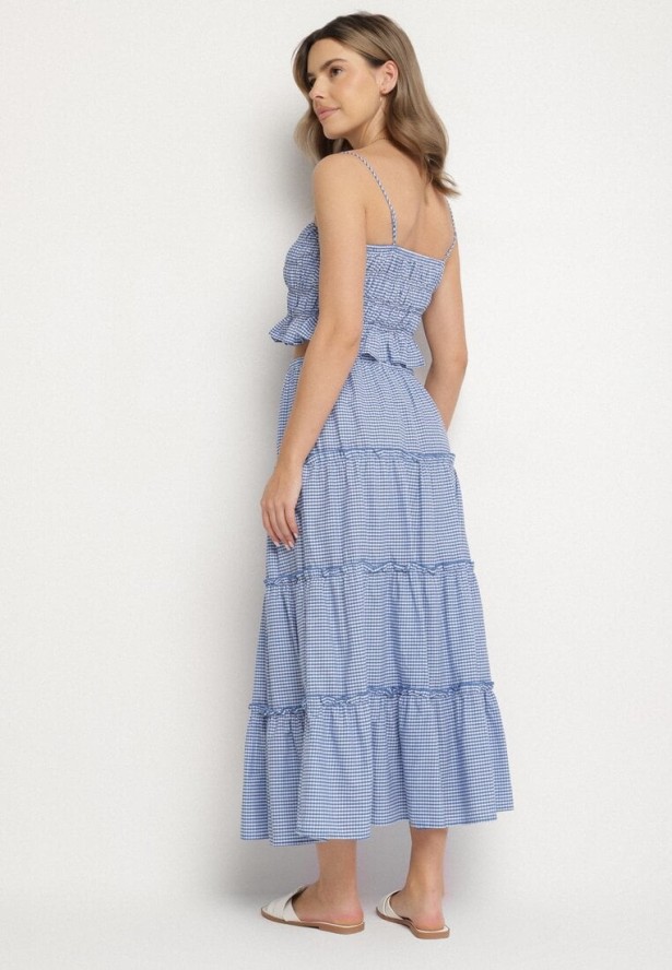 Niebieski Bawełniany Komplet w Kratkę Vichy Spódnica i Top Frolira