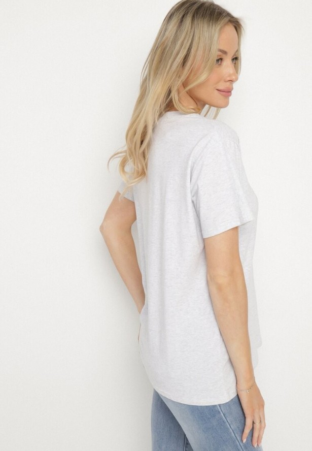 Jasnoszary Gładki T-shirt z Bawełny o Klasycznym Kroju Natime