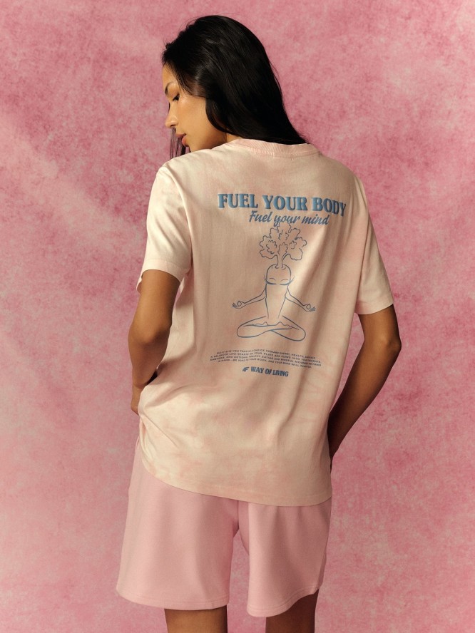 4F T-shirt oversize z nadrukiem damski - różowy S