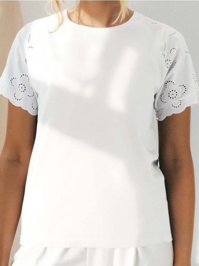 Koszulka z ażurowymi rękawami - kremowy