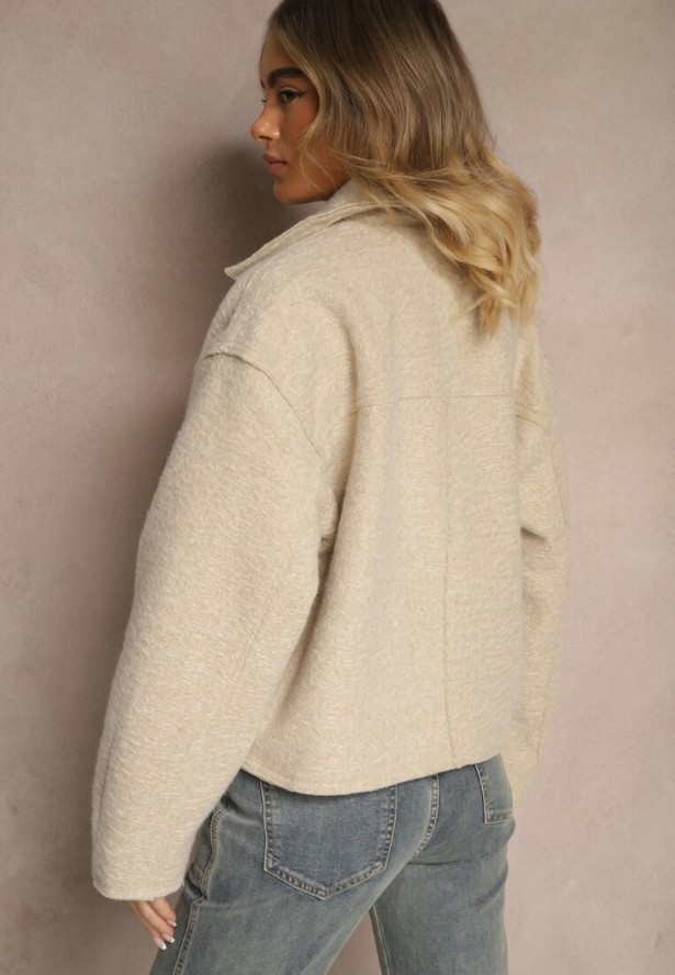 Beżowa Krótka Kurtka o Pudełkowym Kroju z Kołnierzykiem i Kieszeniami Nelilia