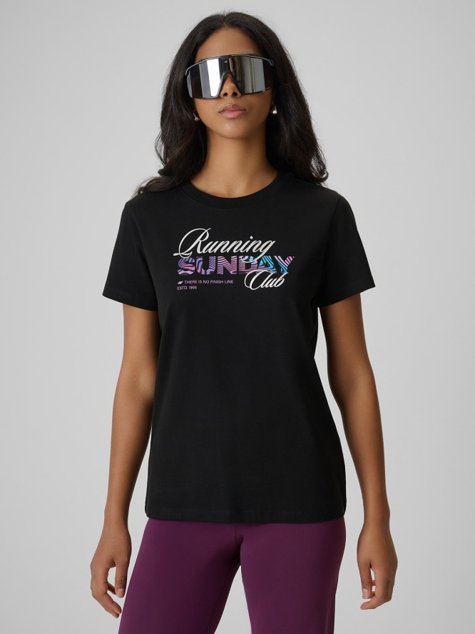 4F T-shirt regular z nadrukiem damski - czarny XS