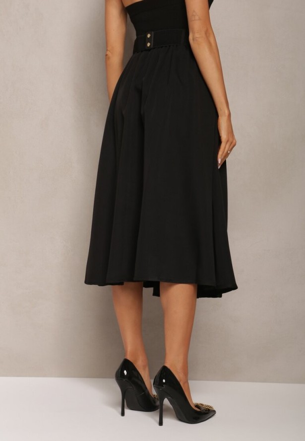 Czarna Spódnica Rozkloszowana z Paskiem Tenga