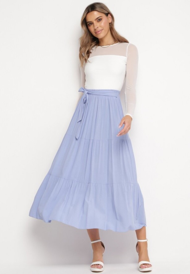 Jasnoniebieska Wiskozowa Spódnica Maxi Rozkloszowana z Paskami Saosa