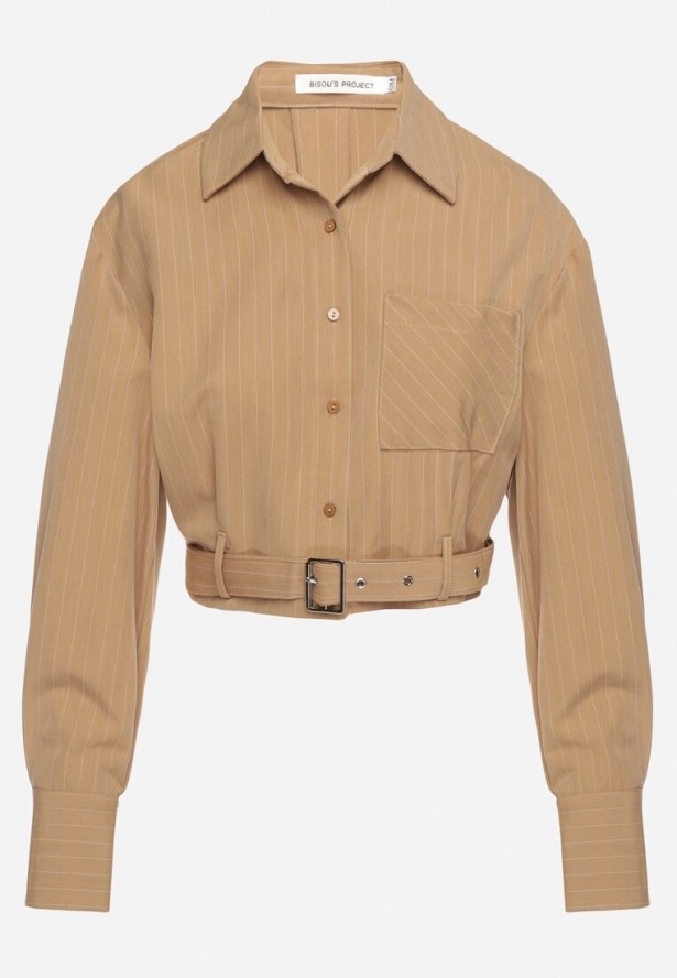 Beżowa Krótka Koszula z Ozdobnym Paskiem z Klamrą na Dole Arirti