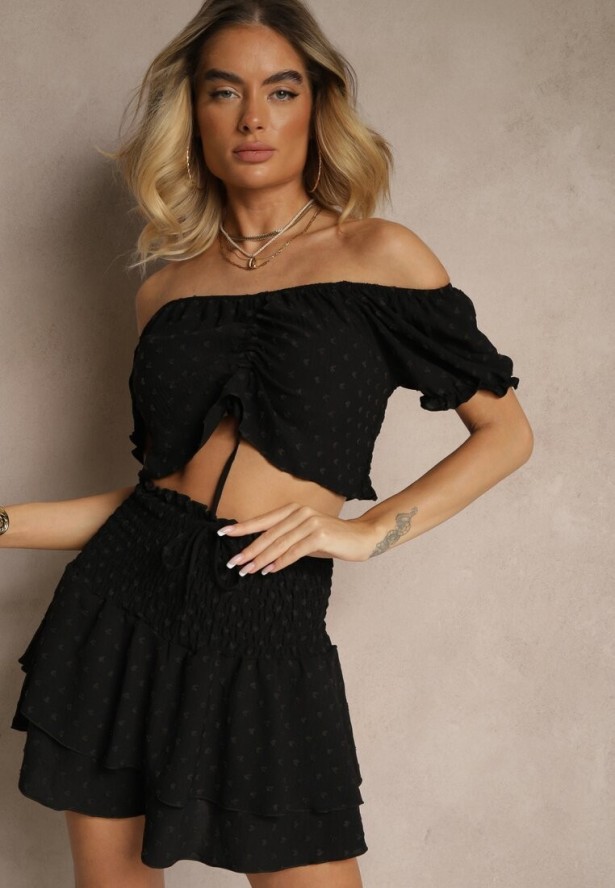 Czarny Komplet z Ozdobnym Tłoczeniem Spódnico-Spodenki i Bluzka Hiszpanka Sarilessa