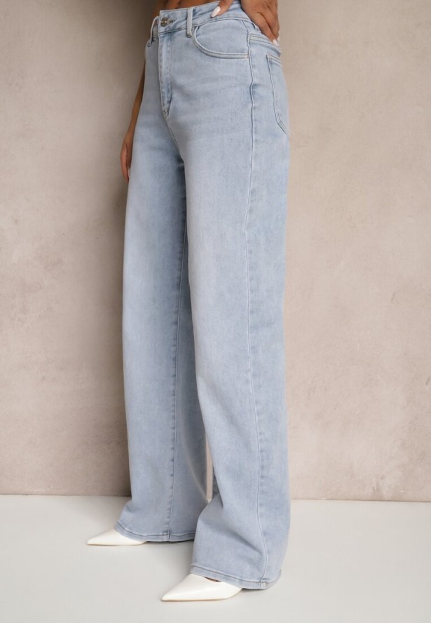 Niebieskie Jeansy z Wiskozą i Bawełną High Waist o Szerokim Kroju Helviola