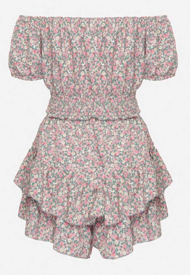 Zielono-Różowy Komplet Bluzka Hiszpanka i Spódnico-Spodenki z Falbankami Sadelissea