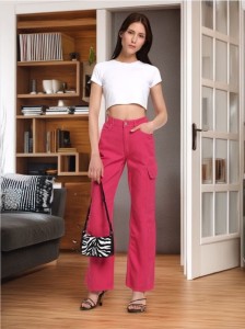 Jeansy wide leg high waist - różowy