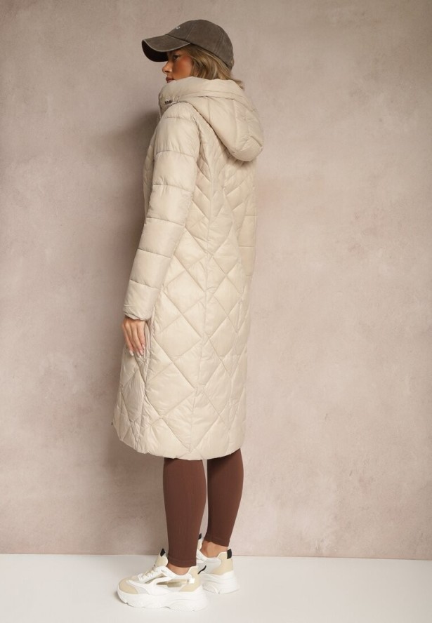 Beżowa Kurtka Pikowana o Długim Kroju z Kapturem Erivana