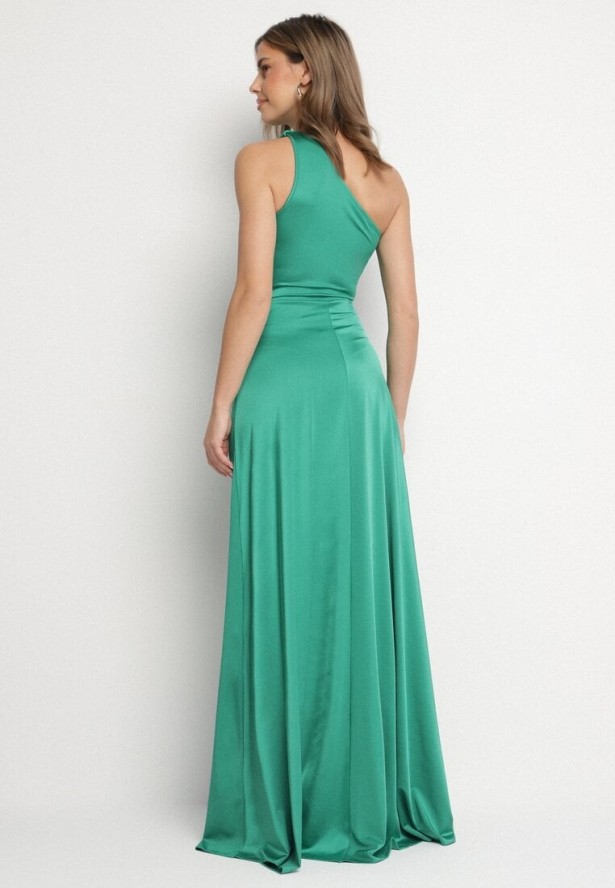 Zielona Sukienka na Jedno Ramię z Marszczeniem i Rozcięciem Talirisa