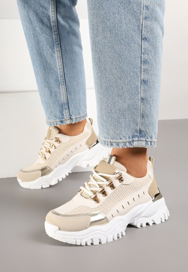 Beżowe Streetwearowe Sneakersy na Grubej Podeszwie z Tłoczeniami Goniswen