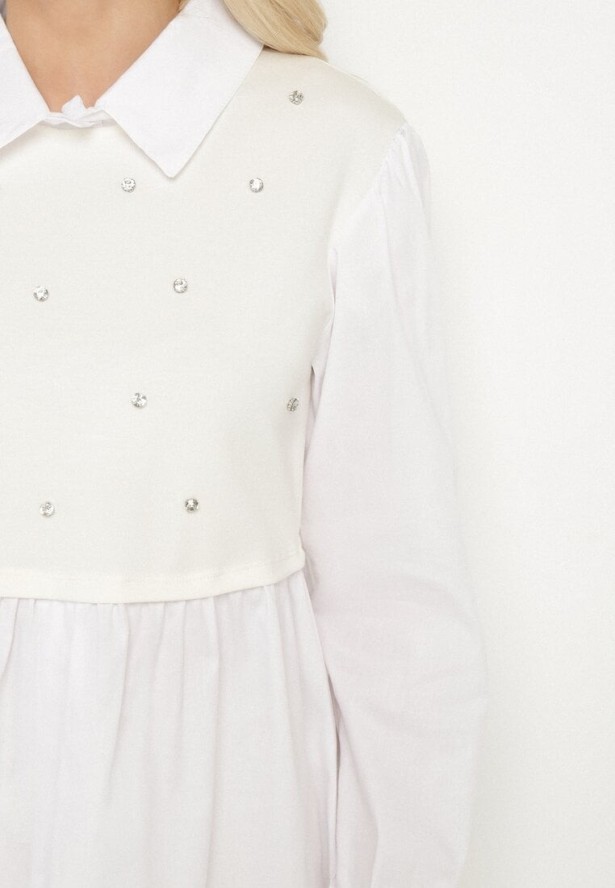 Jasnobeżowa Rozkloszowana Bluzka Koszulowa z Wiskozą z Wszytą Kamizelką z Cyrkoniami Uliaviela