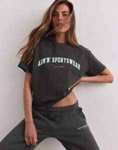 Damski T-shirt, krótki rękaw, pudełkowy, bawełniany Varsity ciemny bluszcz