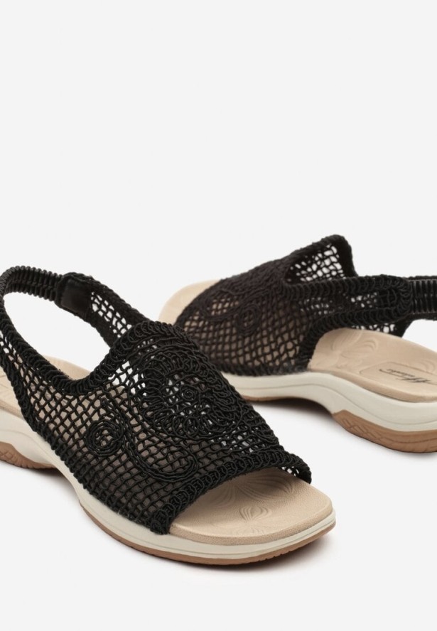 Czarne Siateczkowe Sandały Ozdobione Haftem Tatimora